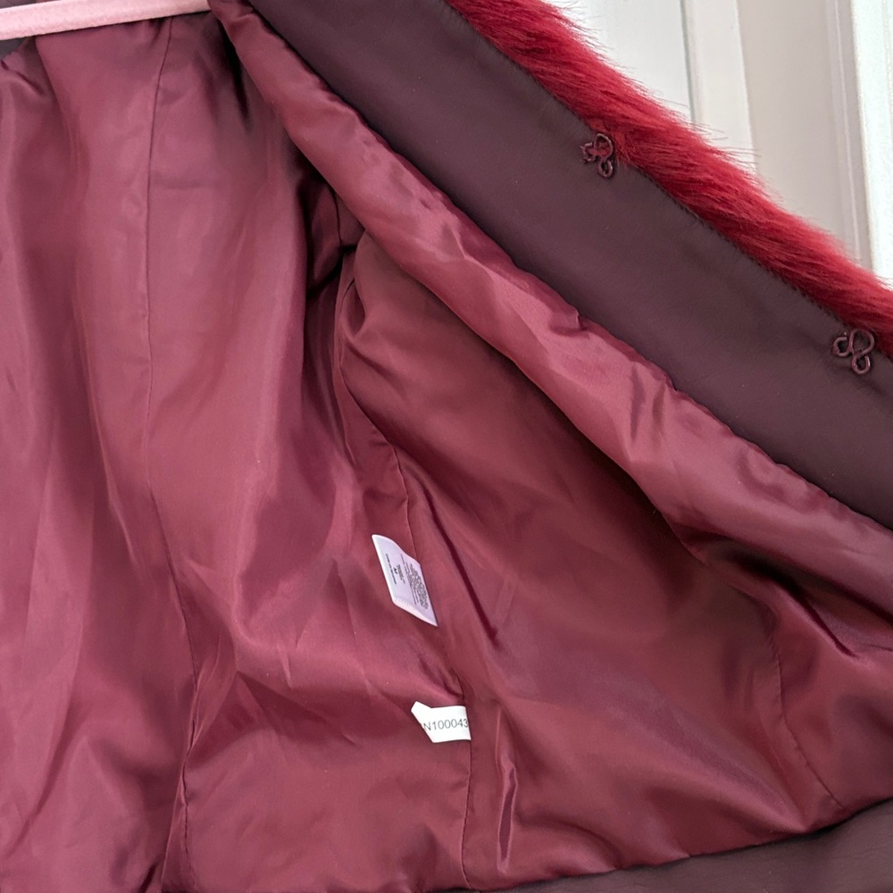 New York & Company Women's Burgundy Faux Fur Jacket with Leather-look Sleeves - Picture 5 of 10